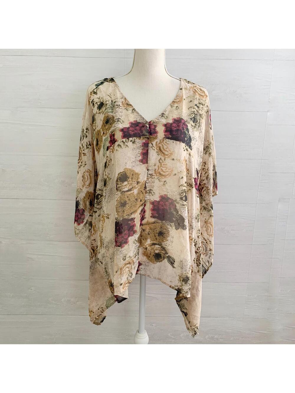 Daniel Rainn Beige Floral Sheer Poncho Tunic Top 0X 1X Plus Boho